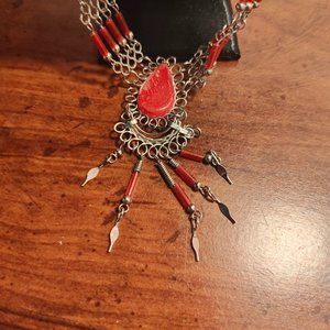 red and silver tone country western fringe bracelet adjustable
